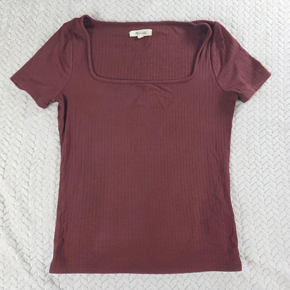 Madewell Women Ribbed Square Neck Crop Top XS Dark Merlot Short Sleeve T-Shirt